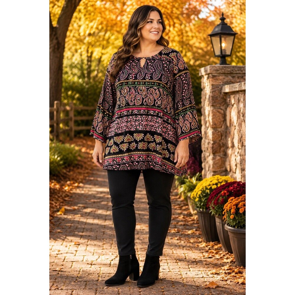 Cato Woman 18/20W Black Paisley Woven Tunic Blouse V-Neck 3/4 Sleeve Ruffle